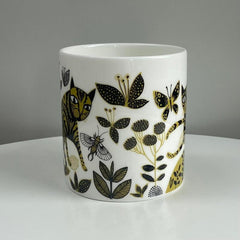 Cat print with flying insect mug in chartreuse and black