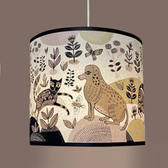 Lush Designs lampshade printed with cats and dog in soft brown shades