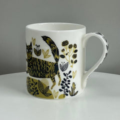 bone china mug with decorative handle featuring a patterned cat