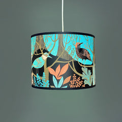 bird print lampshade in rich blue, black and orange